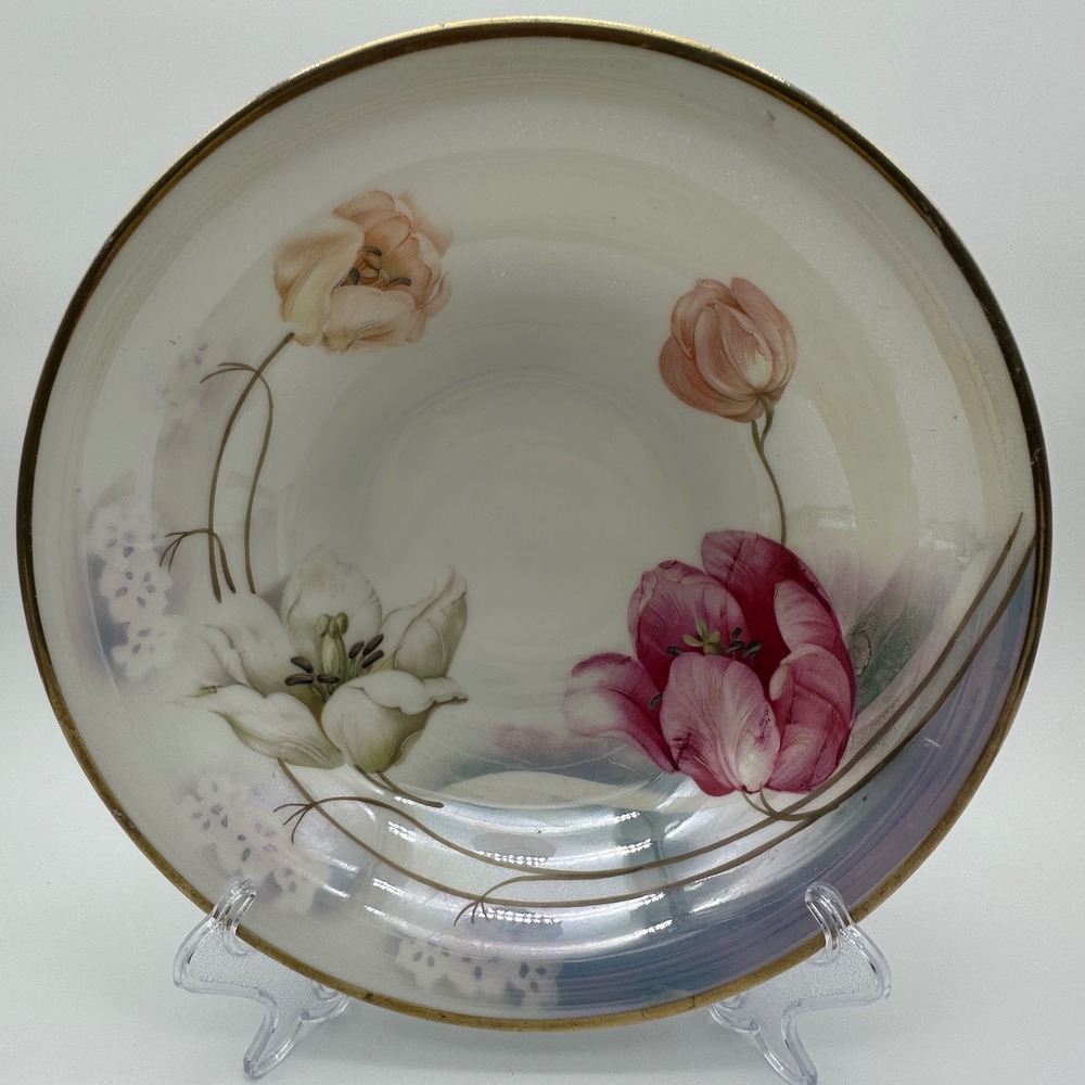 Antique E.S. Germany Prov Saxe Floral Porcelain Bowl Gold Rim 9.5 Inch